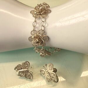 Vintage Mexican Sterling Silver Filigree Bracelet & Screw Back Earrings Set 925